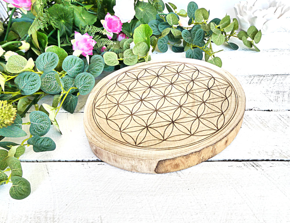 Crystal Energy Grid - Flower of Life - Natural Wood Block