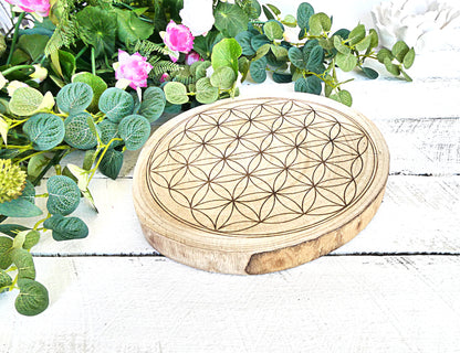 Crystal Energy Grid - Flower of Life - Natural Wood Block