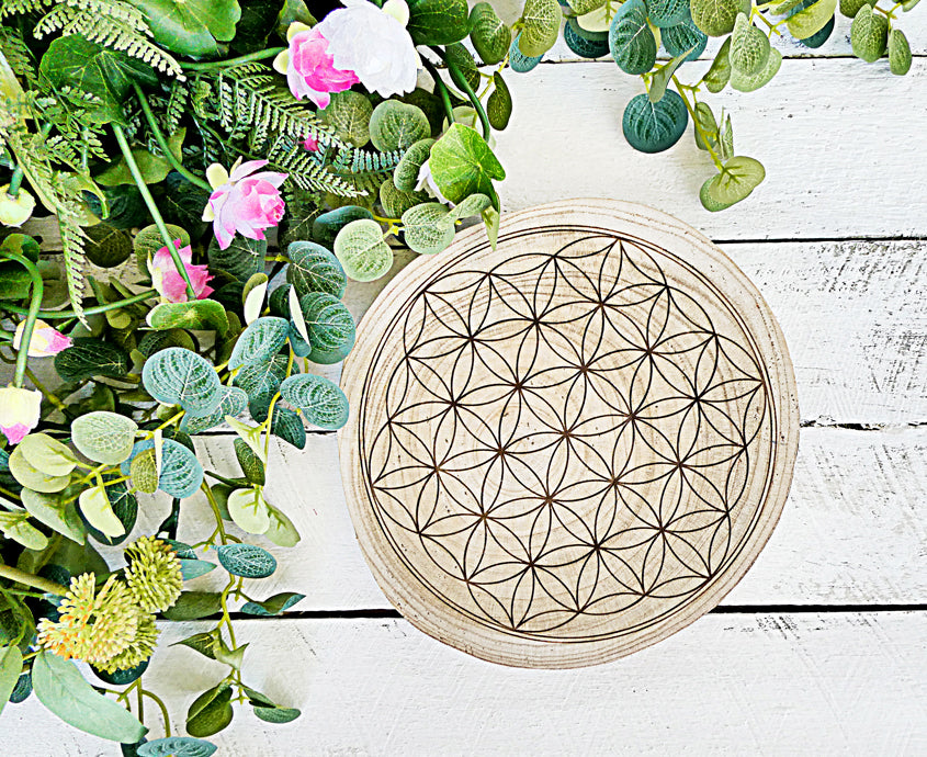 Crystal Energy Grid - Flower of Life - Natural Wood Block