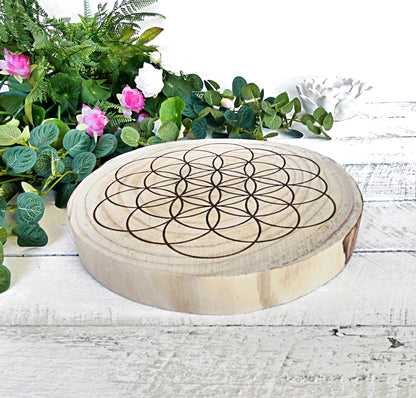 Crystal Energy Grid - Flower of Life Unboundaried - Natural Wood Block