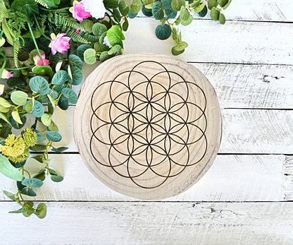 Crystal Energy Grid - Flower of Life Unboundaried - Natural Wood Block