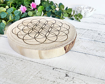 Crystal Energy Grid - Flower of Life Unboundaried - Natural Wood Block