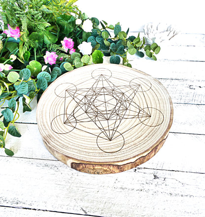 Crystal Energy Grid - Metatron's Cube - Natural Wood Block