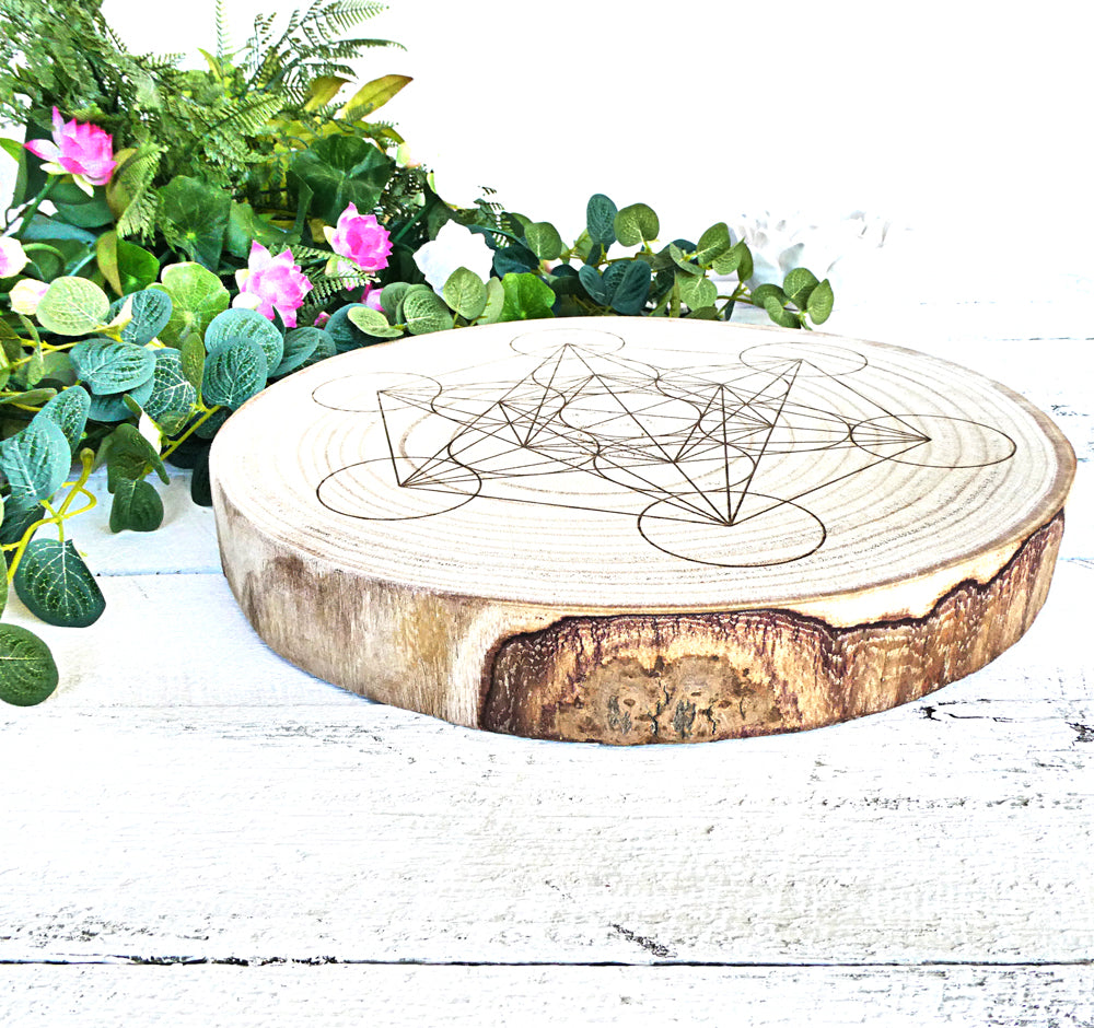 Crystal Energy Grid - Metatron's Cube - Natural Wood Block