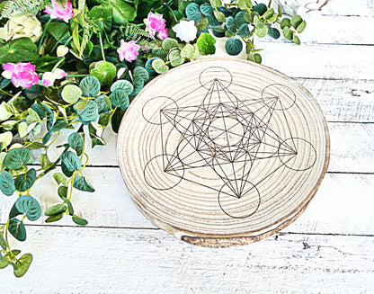 Crystal Energy Grid - Metatron's Cube - Natural Wood Block