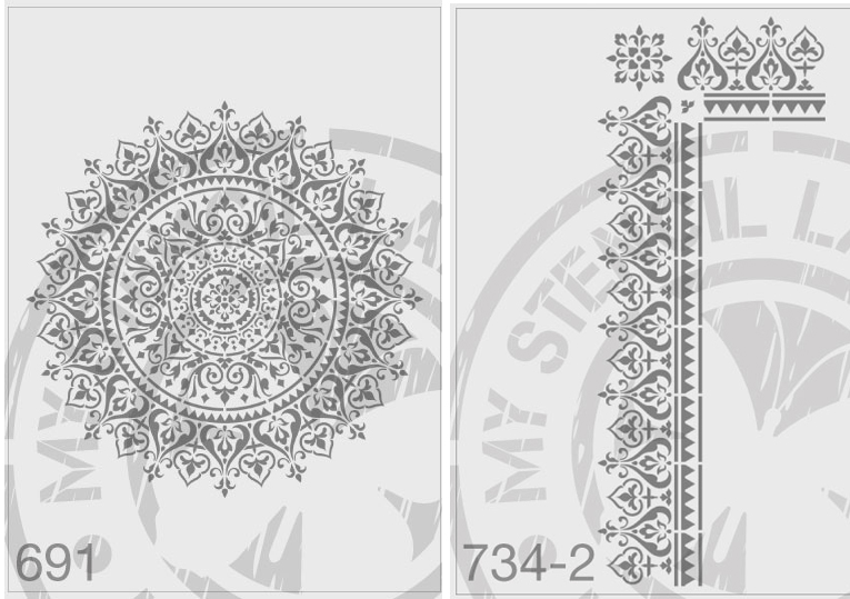 My Stencil Lady Stencil Pack of 2 - Mandala & Border : XLarge Mandala 285mm Cutout (Sheet size 300x300mm) & Border XXLarge 75mm Thickness (Sheet size 175x420mm) Stencil 691 Chalk Painting Stencils Australia